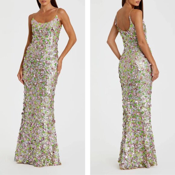 $698 Mac Duggal Size 4 Pink Green Gold Multicolor 3D Floral Long Maxi Gown Dress - Picture 2 of 5